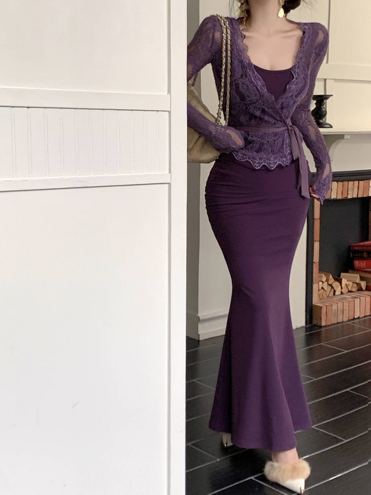 Purple lace cardigan slim fit hip fishtail sling dress two piece suit royal sister skirt R0505