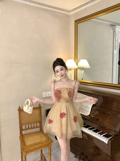 Gentle temperament mesh floral sling dress unique waist fluffy flower bud skirt R0494