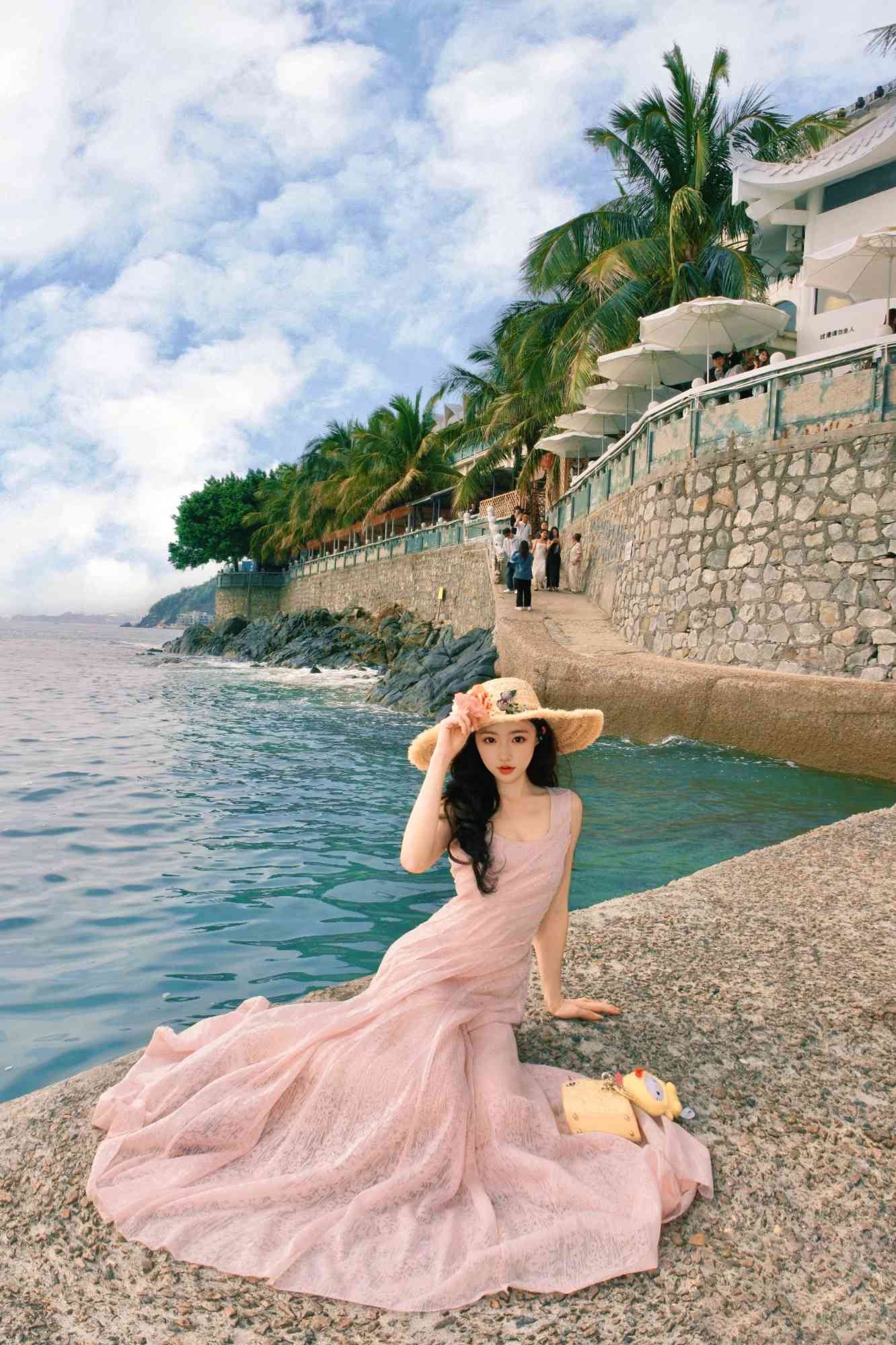 Pink lace suspender dress unique waist temperament long skirt R0496