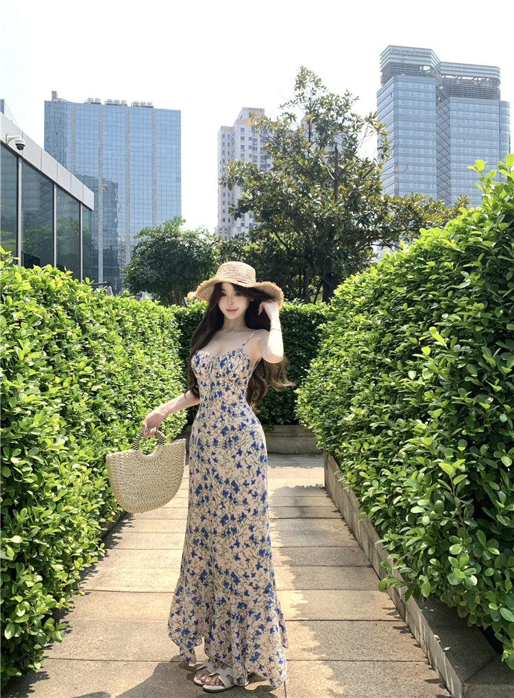 Tea break floral suspender dress gentle temperament waist slim fit A-line skirt R0499