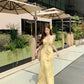 Yellow v-neck floral dress with ruffles, beautiful and unique waist-hugging hip skirt R0500