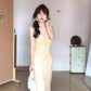 Gentle style yellow v-neck floral dress beautiful temperament waist slim long dress R0503