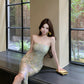 Green floral tube top dress sexy waist slim hip skirt R0626