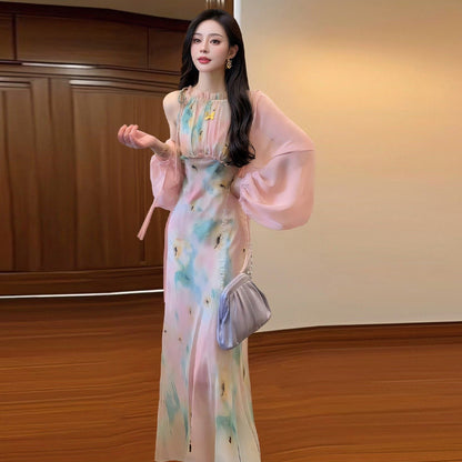 Gentle temperament oil painting floral dress beautiful waist slim fit small skirt R0629