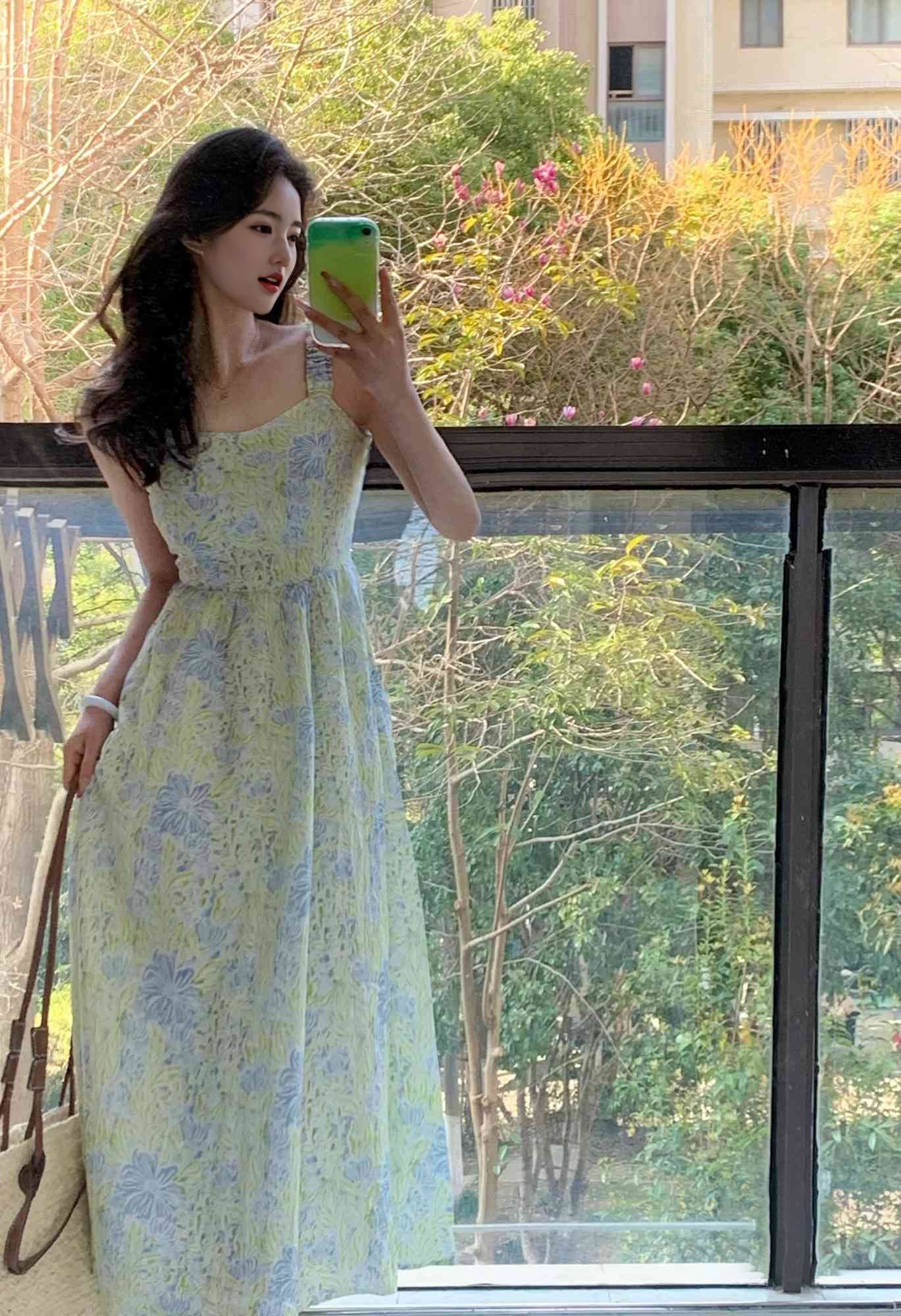 Super beautiful suspender long dress beautiful green floral dress R0627