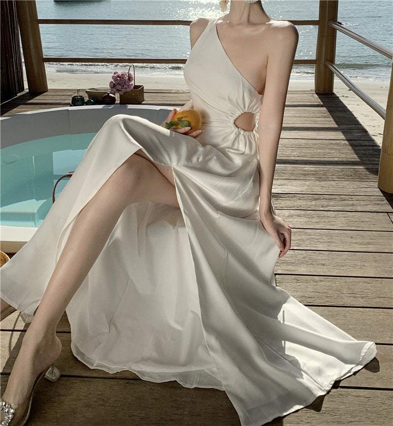 White off-shoulder dress with slits for a beach holiday, slimming suspender beach dress R1603