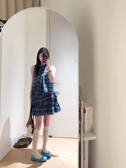 Retro blue sleeveless halter dress gentle temperament A-line short skirt R0817