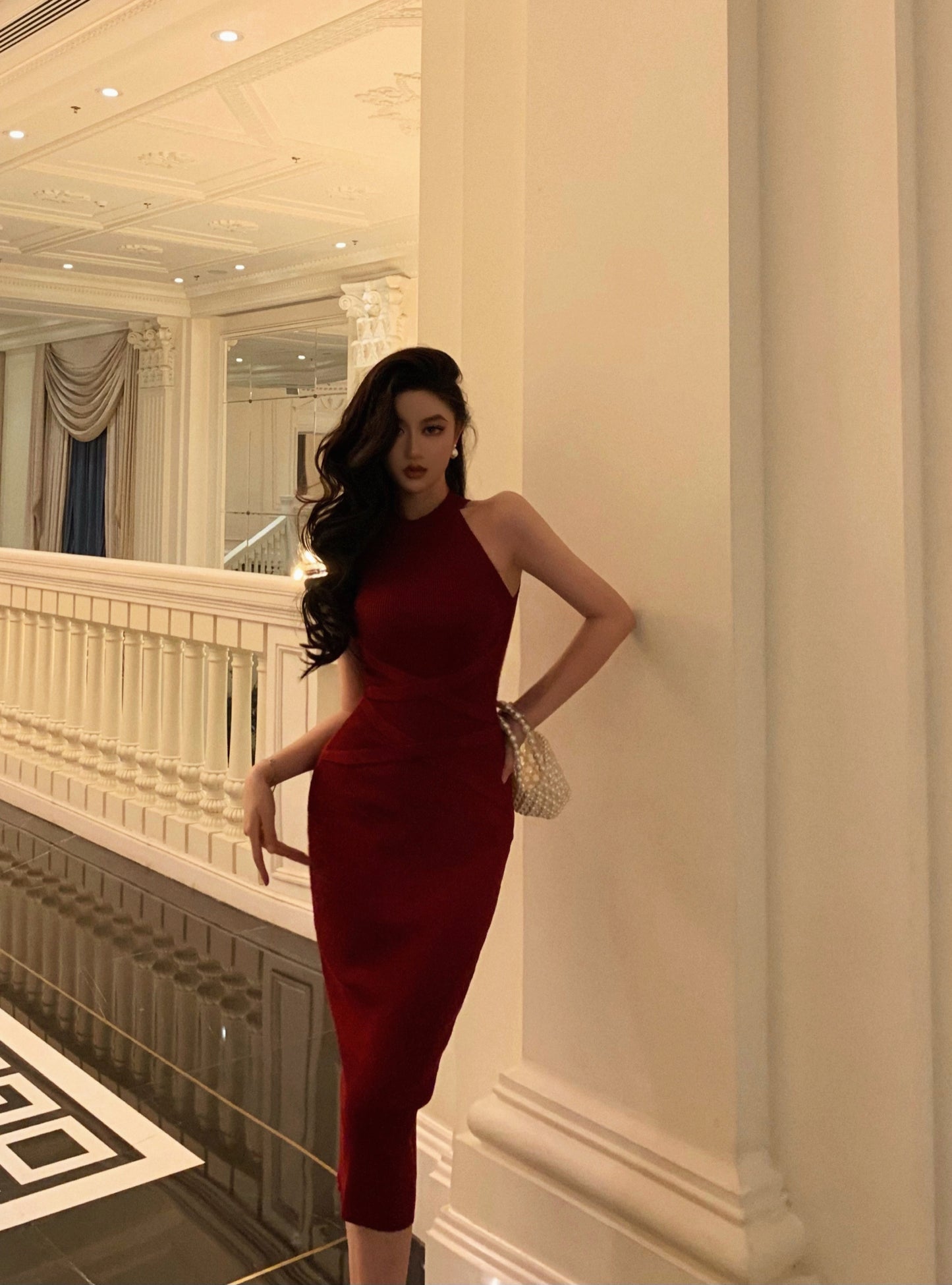 Retro halter neck suspender dress sleeveless lace-up knitted slim fit sexy hip skirt R1491