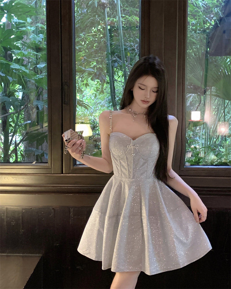 Sequined suspender dress sexy high waist slim V-neck temperament party dress R1494