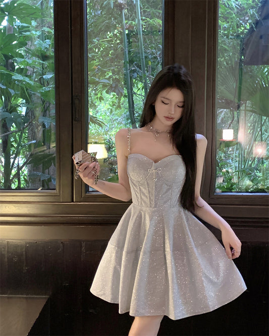 Sequined suspender dress sexy high waist slim V-neck temperament party dress R1494