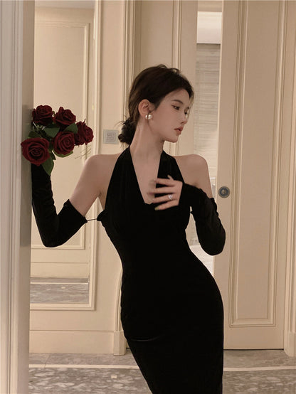 Retro halter neck velvet dress 2025 sexy temperament hip fishtail dress R1493