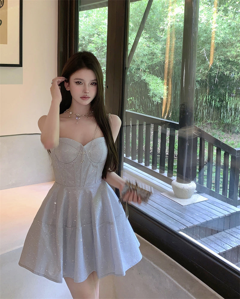 Sequined suspender dress sexy high waist slim V-neck temperament party dress R1494