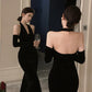 Retro halter neck velvet dress 2025 sexy temperament hip fishtail dress R1493