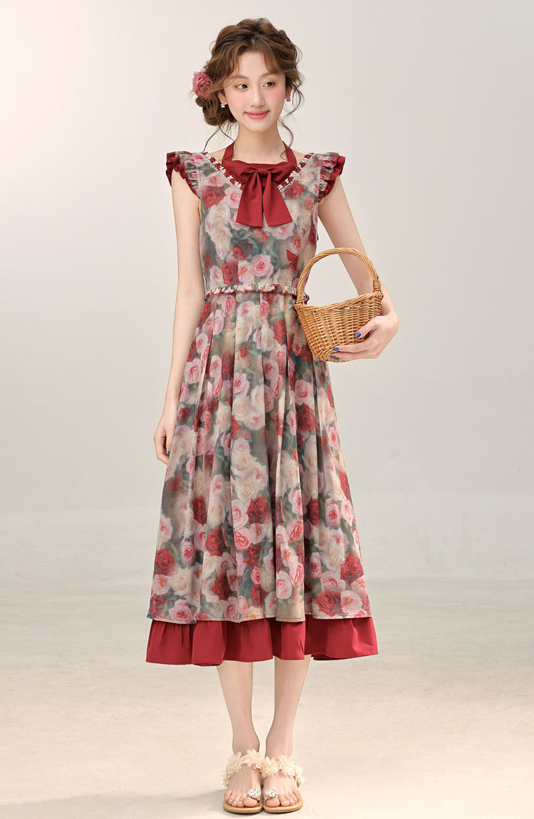 French retro red floral dress women's new beautiful long dress R1941