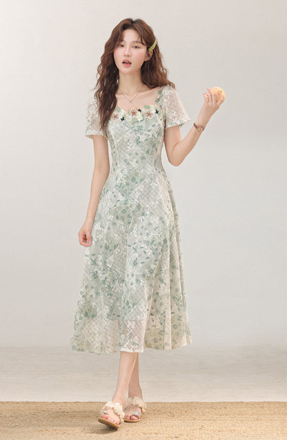 French holiday style green floral dress new slim long dress R1942