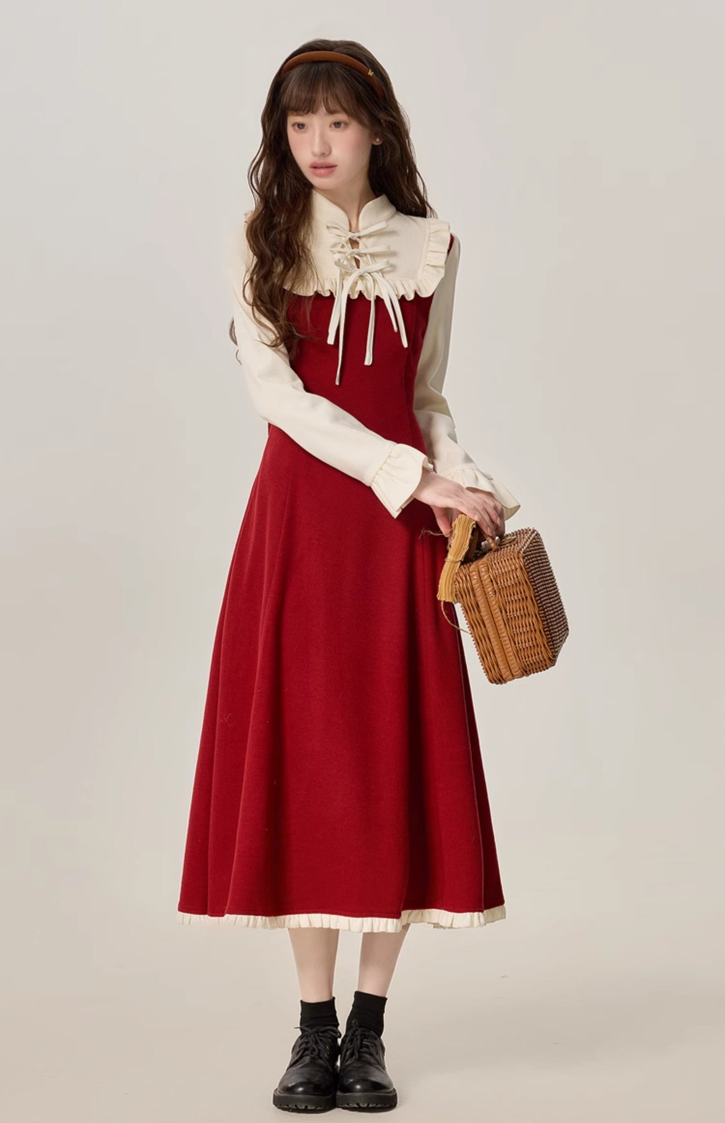 French girl style fake two piece red dress female 2025 new style skirt R1963