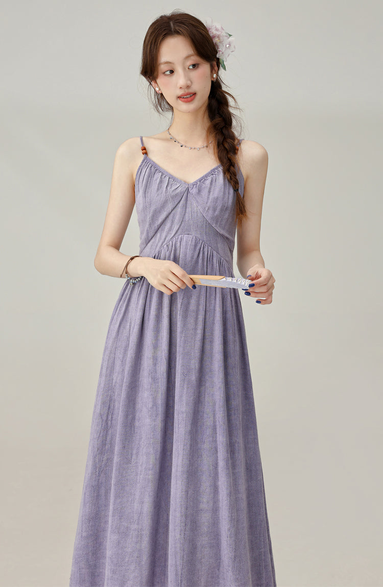 Retro Gentle Style Purple White Suspender Dress Women's Holiday Long Dress R1953