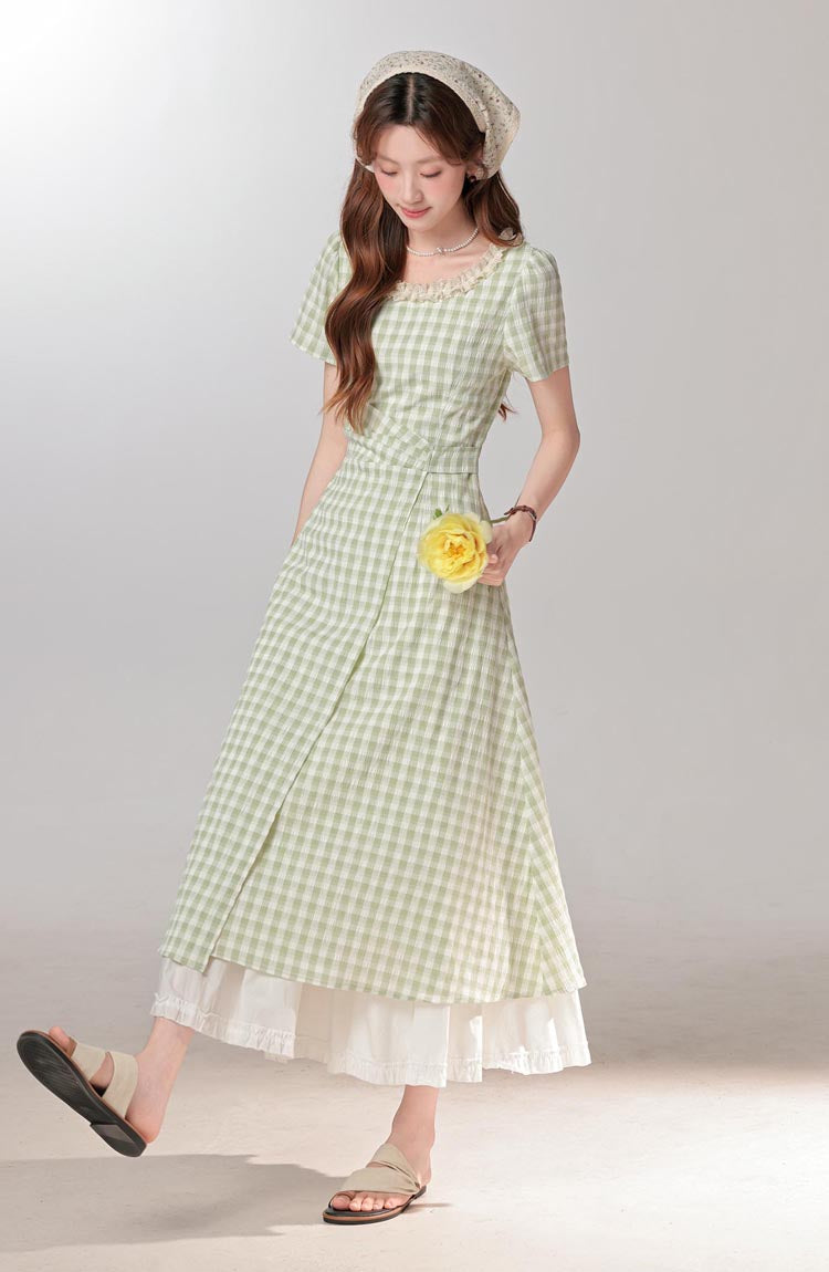 Summer fresh and sweet green plaid dress for women with waist-length dress R1964
