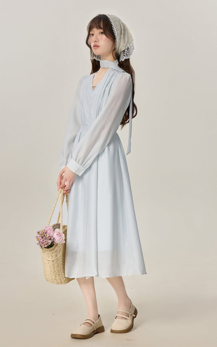 Temperament gentle style blue V-neck dress female 2025 new style skirt R1954