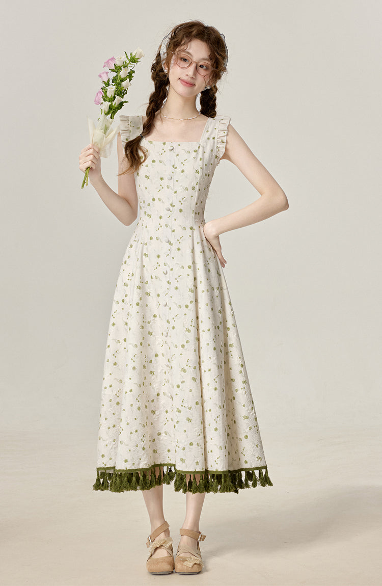 Summer temperament first love series white floral dress green sunscreen shirt R1957