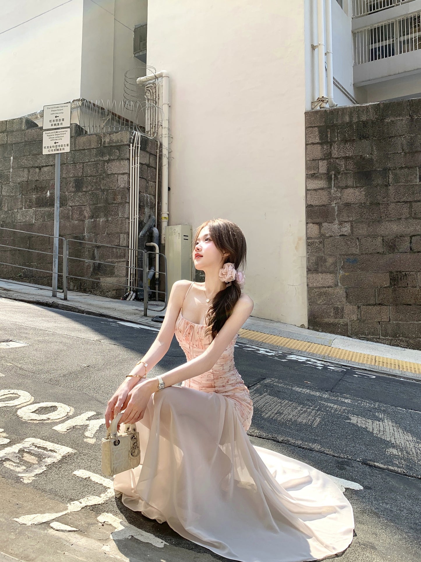 Design sense waist floral sling fishtail dress big swing gauze skirt long summer R3908