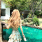 Green oil painting waist dress holiday design suspenders floral dress women summer R3909