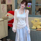 Women's suit beautiful long-sleeved T-shirt blue halter neck vest skirt three-piece suit R0695