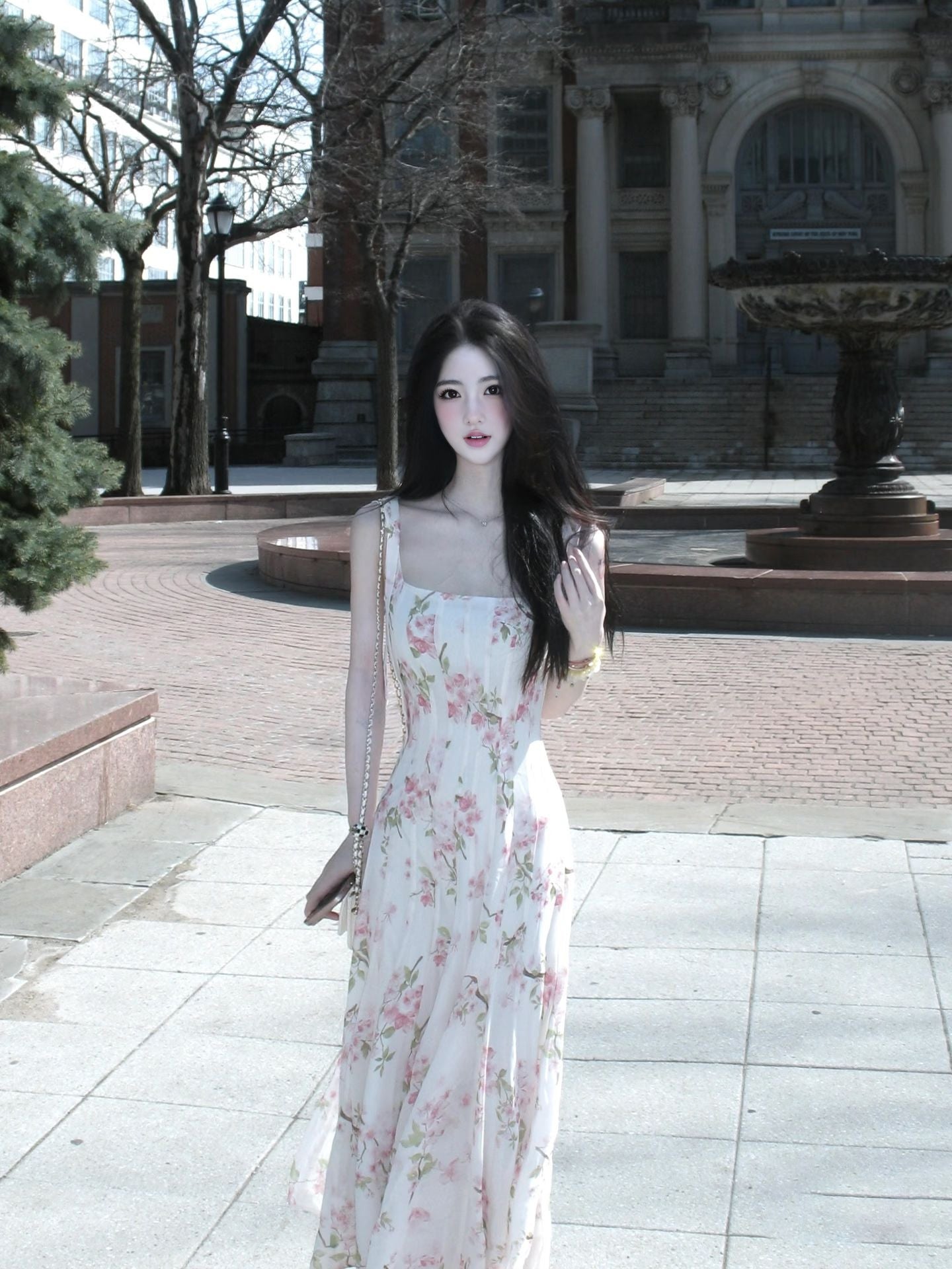 New gentle temperament suspender floral dress beautiful waist A-line long skirt R0696