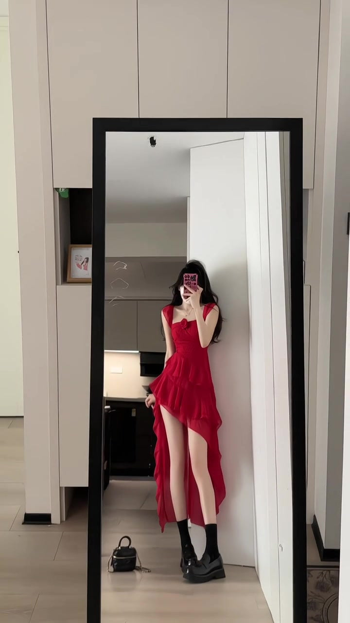 Retro red flower suspender dress irregular beautiful waist a-line beach dress R0697