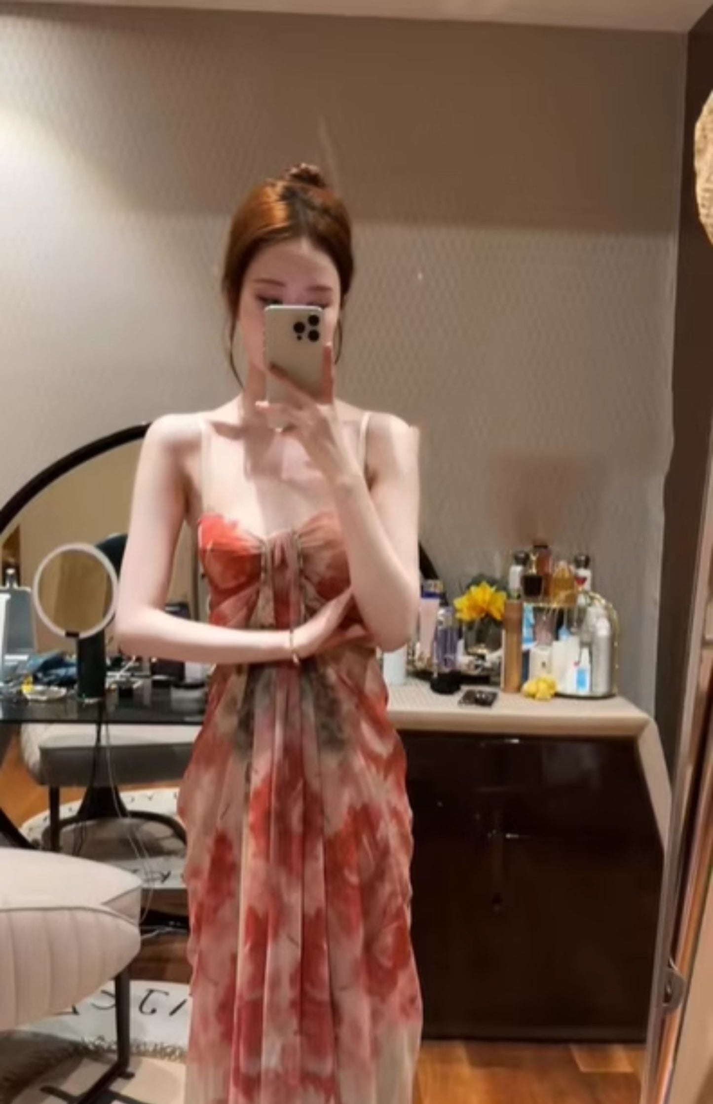 Holiday style dress niche style skirt v-neck floral suspender skirt summer R0699