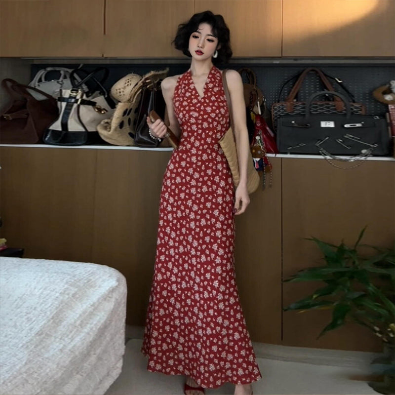 Retro red v-neck floral halter dress with waist and backless beautiful temperament long dress R0698