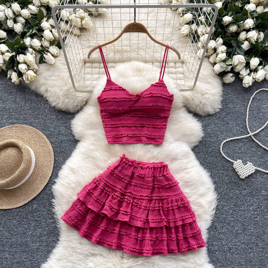 Sweet lace camisole sexy short ruffle skirt holiday two piece suit R2134