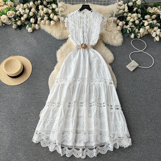 French high-end stand-up collar hollow embroidered lace sleeveless waist slimming elegant dress R2159