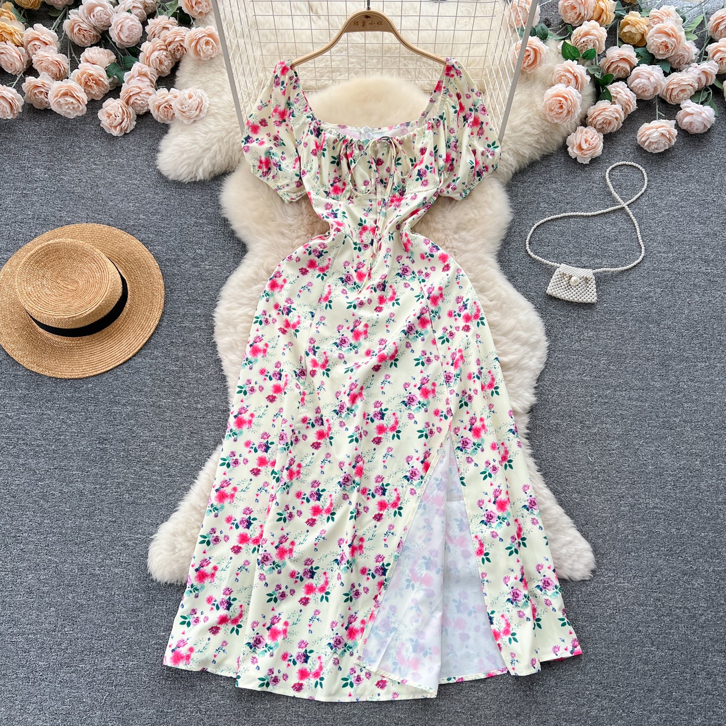 French pure desire high-grade floral dress slim temperament super fairy slit long skirt R2144