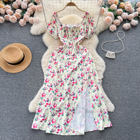 French pure desire high-grade floral dress slim temperament super fairy slit long skirt R2144