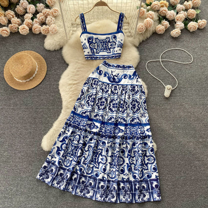 Printed suit pure waist-revealing camisole vest high waist midi skirt R2138