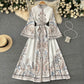New retro printed round neck trumpet sleeve dress with large swing irregular pleated long skirt R2150