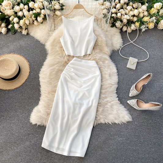 Cool Internet celebrity suit solid color vest short top high waist mid-length skirt two-piece suit R2140