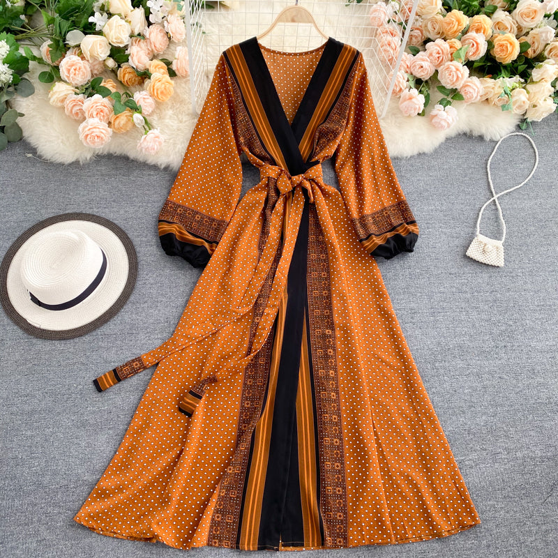 Retro printed tie waist slimming temperament V-neck fashionable bubble sleeve long dress R2154