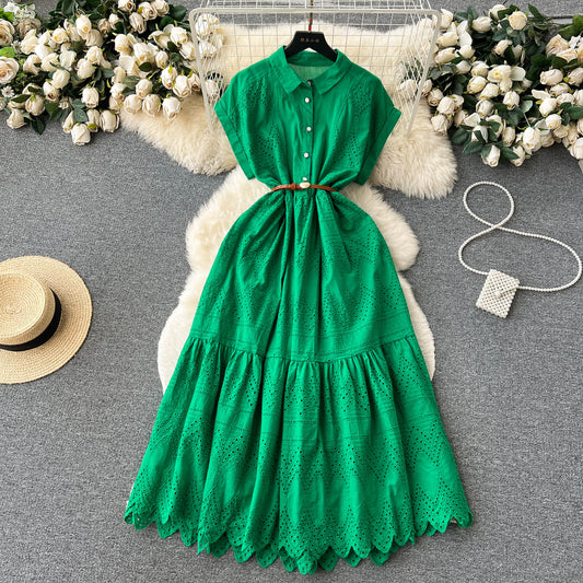 Niche design buttoned loose lace long dress waist pleated shirt collar spliced long skirt R2168