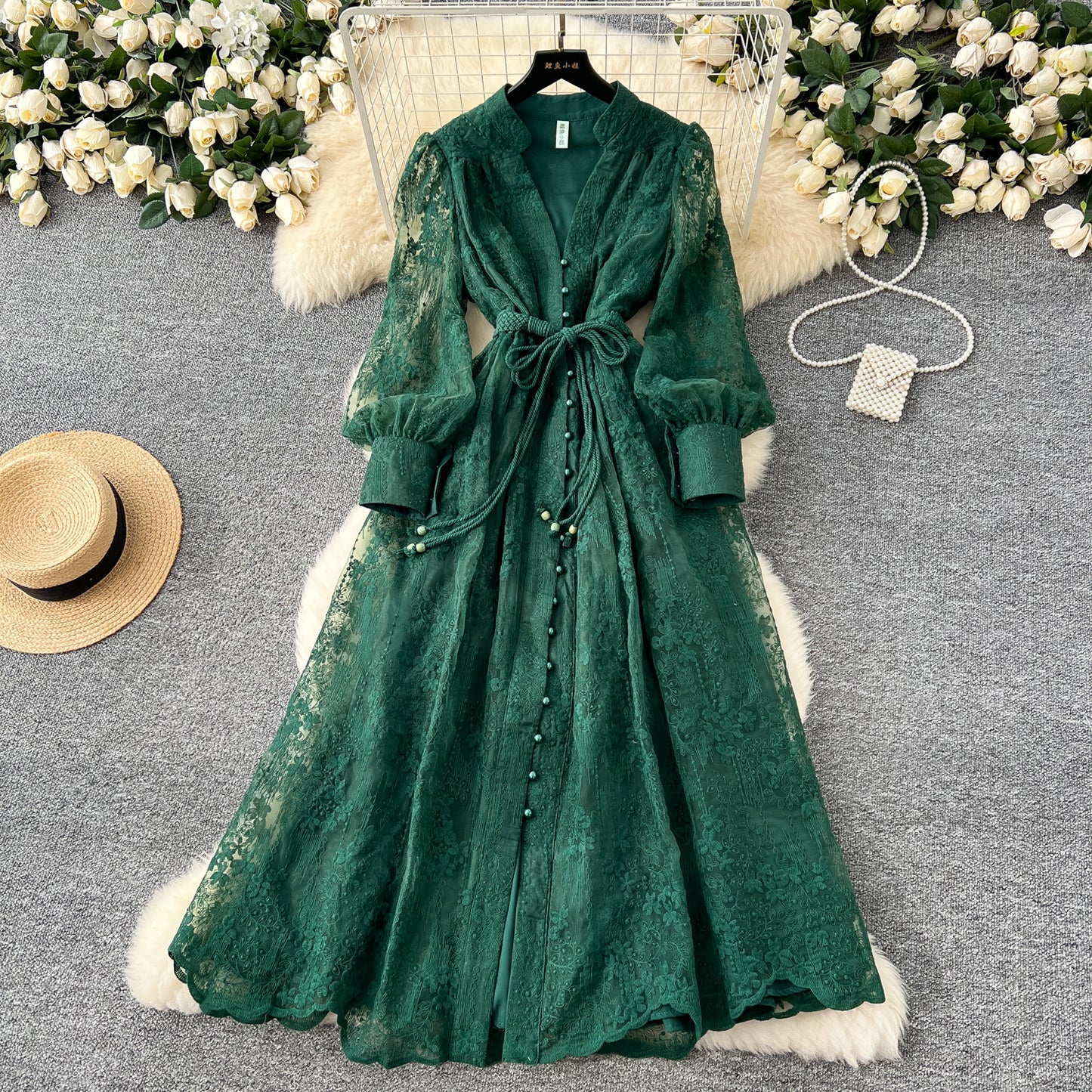 French high-end dress 2025 waist embroidery V-neck lantern sleeves single-breasted long skirt R2135