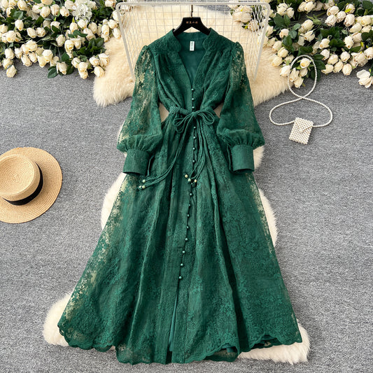 French high-end dress 2025 waist embroidery V-neck lantern sleeves single-breasted long skirt R2135