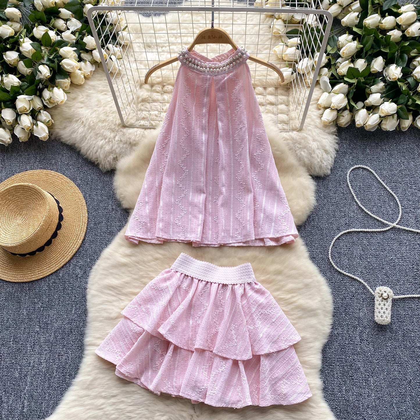 High-end round neck halter top high waist slimming A-line skirt sweet two-piece suit R2161