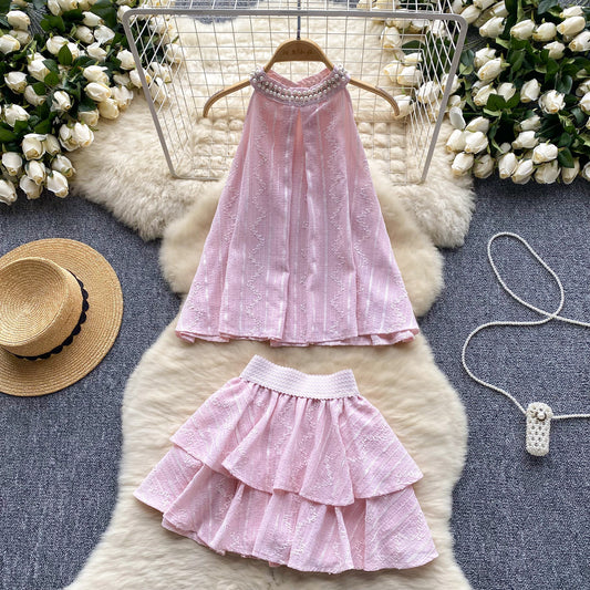 High-end round neck halter top high waist slimming A-line skirt sweet two-piece suit R2161