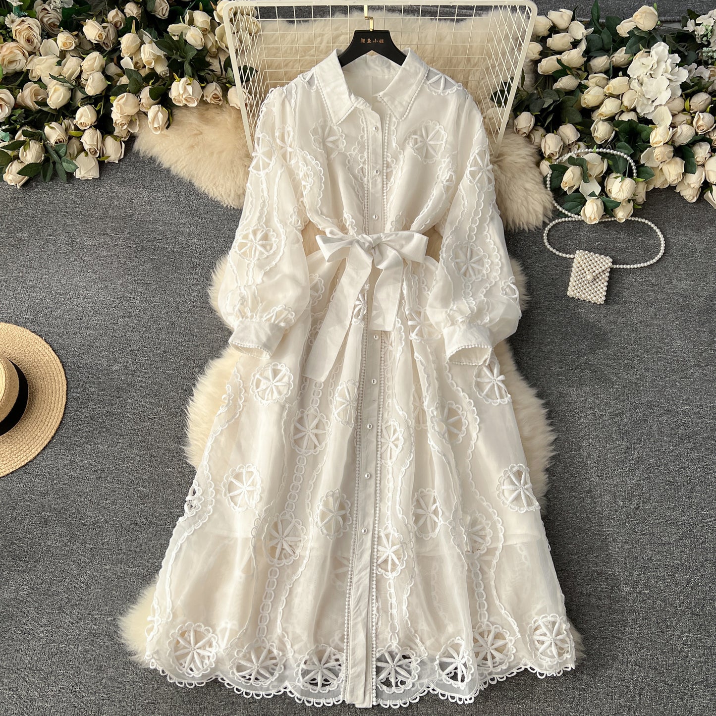 Palace style dress 2025 new embroidery hollow flower slim fit medium long dress R2155