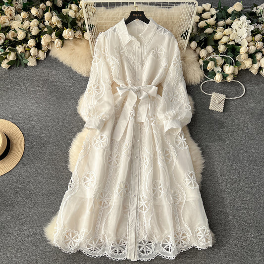 Palace style dress 2025 new embroidery hollow flower slim fit medium long dress R2155