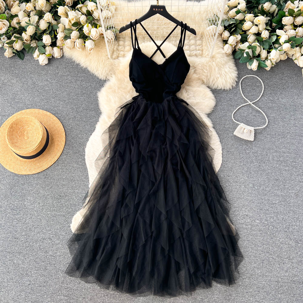 French style slim fit deep v sweet high waist long skirt cake beach skirt suspender dress R2142
