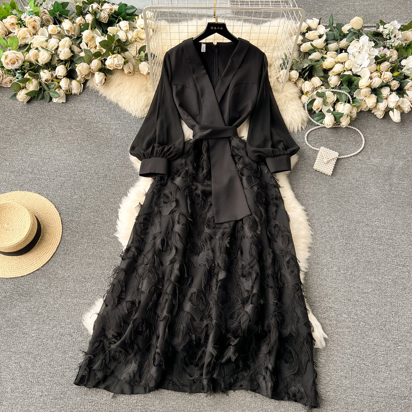 High-end dress 2025 new French splicing fake two-piece temperament long dress R2153