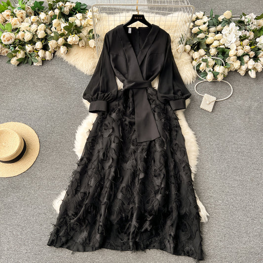 High-end dress 2025 new French splicing fake two-piece temperament long dress R2153