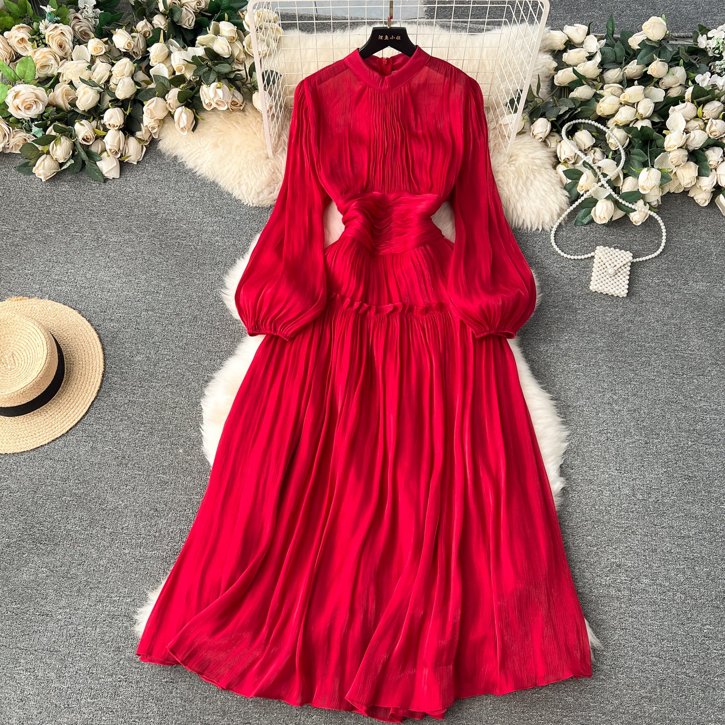 High-end dress 2025 new style stand-up collar pleated waist long puff sleeve dress R2143